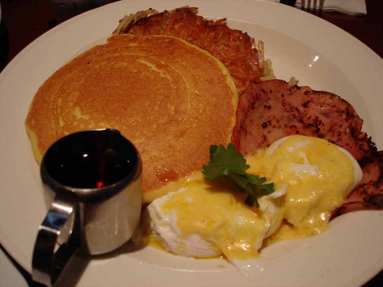 Breakfast Pancakes - Pancakes, Bacon, Hash, Eggs Benedict