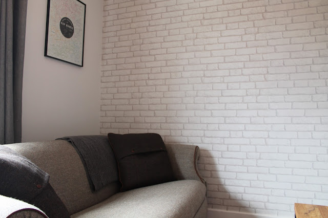 Tweed Sofa - White Exposed Brick Wallpaper Decor