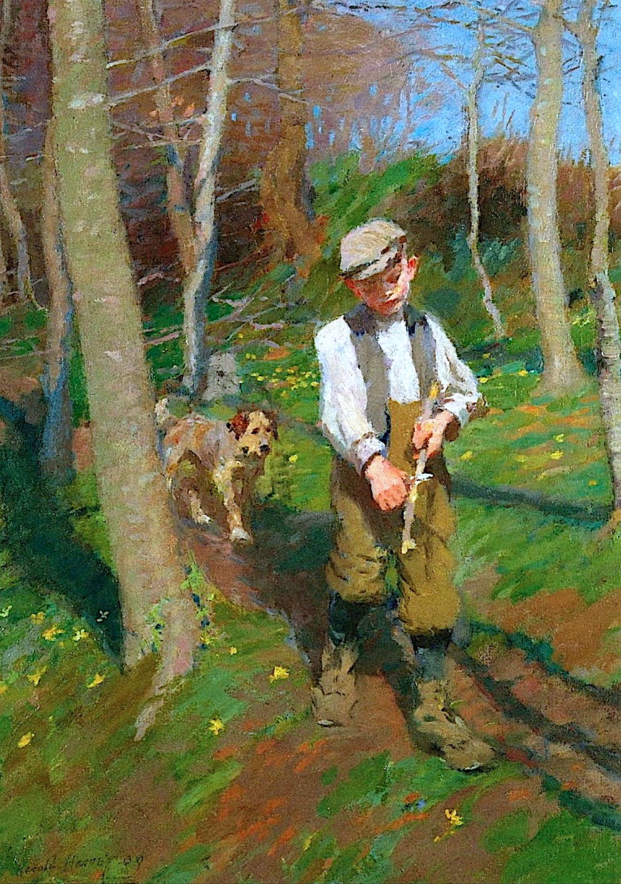 a Harold Harvey painting of a boy and dog on a forest path