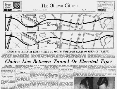 Ottawa Citizen page 3 headline, 'Choice Lies Between Tunnel or Elevated Types' with map showing options of putting the rail line above or below Dow's Lake and the streets south of the Queensway.