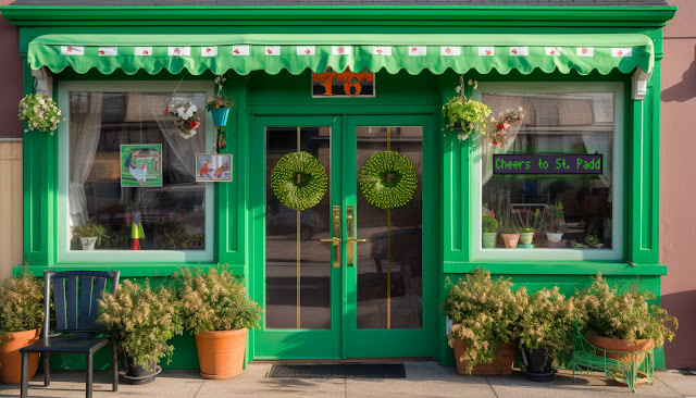 facade of a small diner with st. patrick's day decors and green scrolling led sign by the window