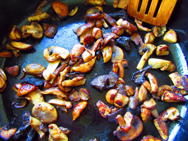 Add half of mushrooms, season with salt and pepper, and cook for 6-7 minutes