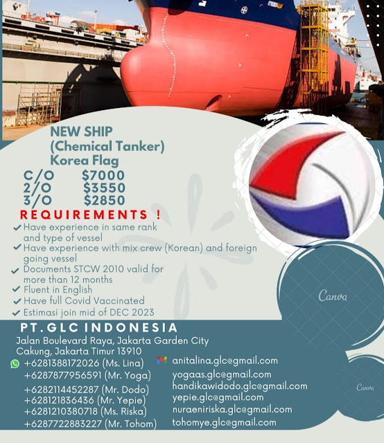 Lowongan Crew Chief Officer, 2nd Officer, 3rd Officer Kapal Tanker