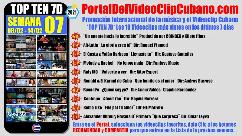 Artistas ganadores del * TOP TEN 7D * con los 10 Videoclips más vistos en la semana 07 (08/02 a 14/02 de 2021) en el Portal Del Vídeo Clip Cubano