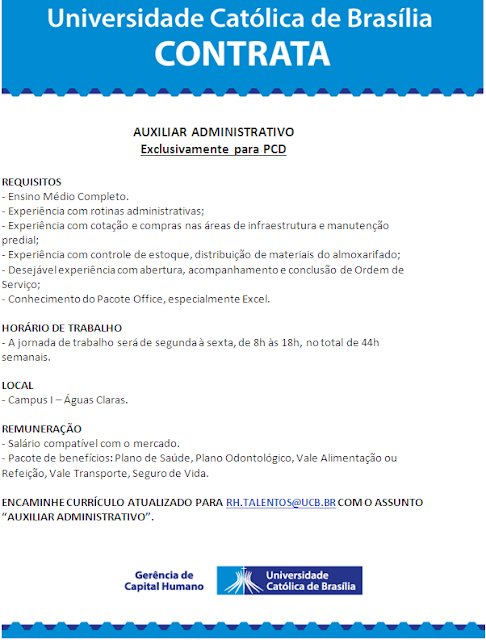 Vaga para Auxiliar Administrativo´PCD - Universidade Católica de Brasília