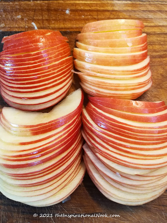 Thinly sliced apples for rose petals for apple rose pies or pastries