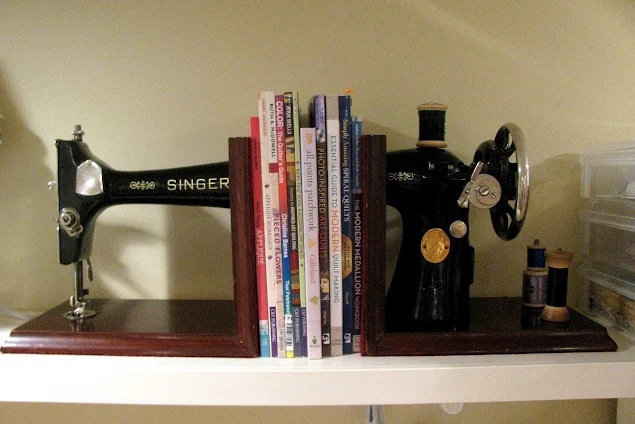 Vintage sewing machine bookends | Monica Curry's quilting studio.