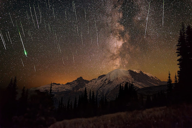 Meteors and Milky Way over Mount Rainier