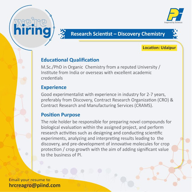 PI Industries Walk in Interview For Research Scientists - Discovery Chemistry - MSc/ PhD