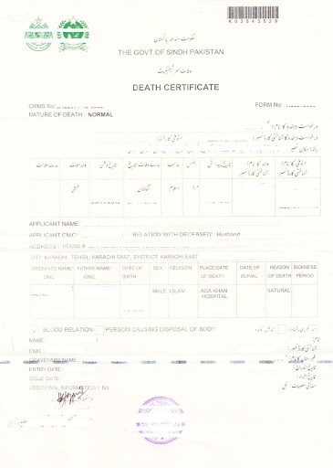 Nadra Death Certificate Pakistan Online Sample