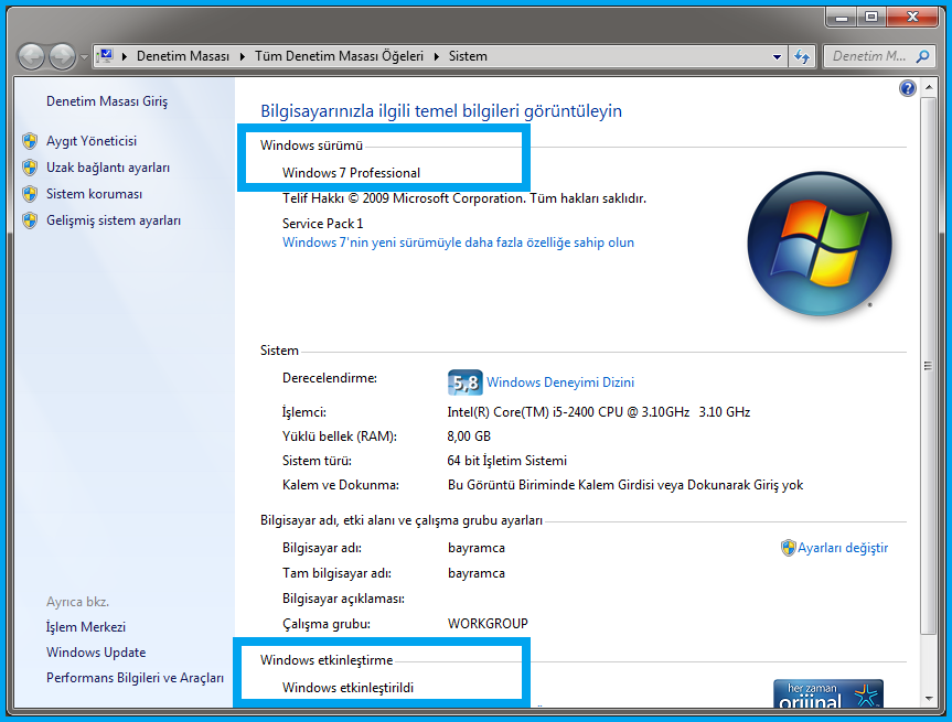 Windows 7 Etkinleştirme Anahtarı