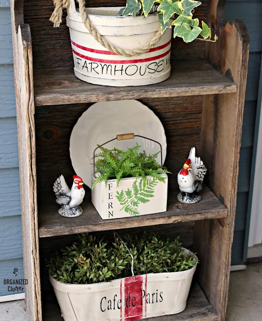 Thrift Shop/Garage Sale Painted & Stenciled Covered Patio Decor #buffalochecks #grainsackstripe #oldsignstencils