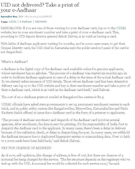 http://articles.timesofindia.indiatimes.com/2013-05-29/bangalore/39600583_1_aadhaar-card-enrolment-unique-identity-card