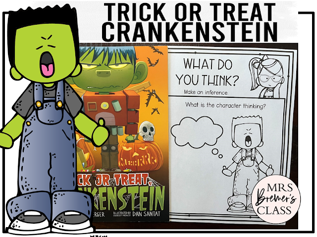 Trick or Treat Crankenstein book activities unit with printables, literacy companion activities, reading worksheets, and a craft for Halloween in Kindergarten and First Grade
