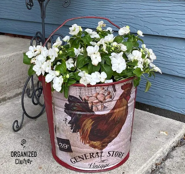 Photo of a galvanized bucket upcycle with a farm decor transfer.