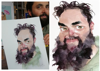 Funny watercolor caricature of a long black Beard man