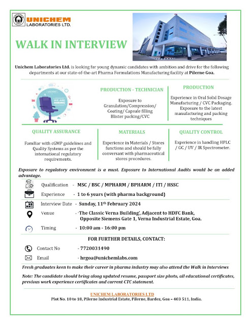 Unichem Laboratories | Walk-in interview for Multiple Departments on 11th Feb 2024