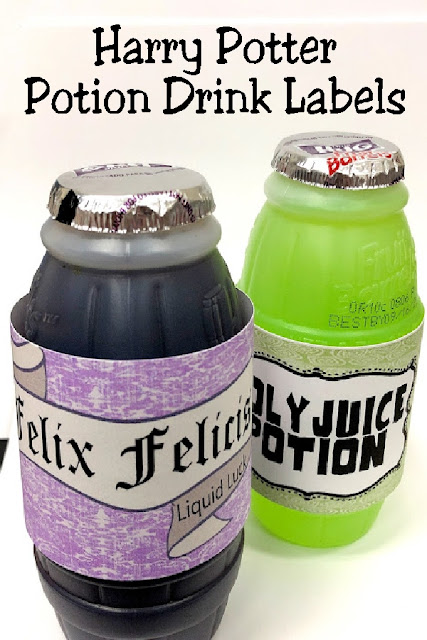 Create a fun drink addition to your Harry Potter party with these Harry Potter potion drink labels. These free printable drink labels are the perfect addition to a Potions dessert table with four of Harry Potter's famous potions. You'll find "Felix Felicis", "Poly Juice Potion", "Amortentia", and "Drought of Living Death. #harrypotterpotionlabels #harrypotterparty #waterbottlelabels #diypartymomblog