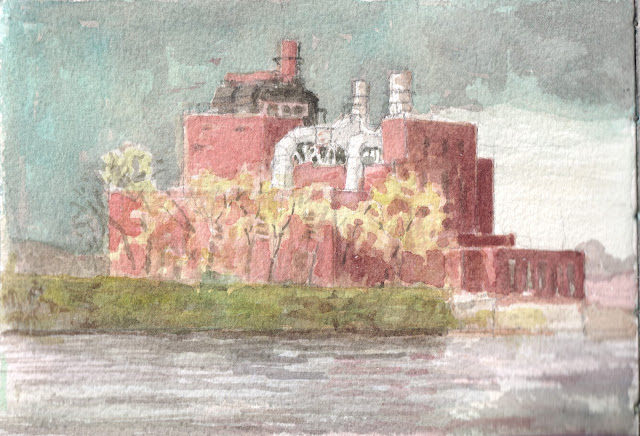 Watercolor sketch of closer view of power plant with smokestacks and complex ductwork; trees and river on foreground.