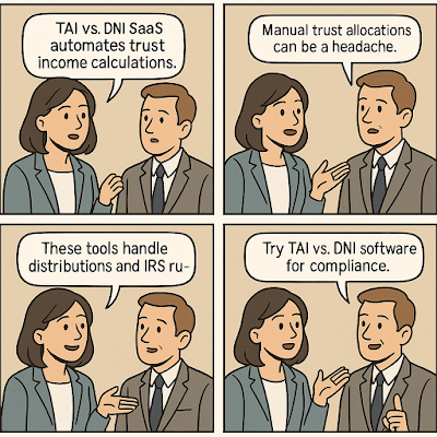 English Alt Text: A four-panel comic explains TAI vs. DNI software.  A woman says the SaaS automates trust income calculations; the man listens.  He notes manual allocations are a headache; she agrees.  She adds the tools handle distributions and IRS rules; he smiles.  She recommends trying TAI vs. DNI software for compliance; he responds with a thumbs-up.