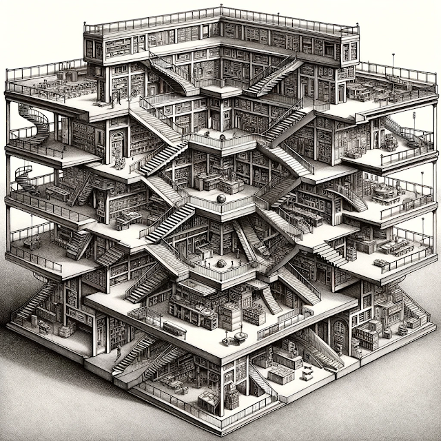 Image of school makerspace in rthe style of M.C. Escher