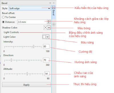 Bảng thuộc tính của hiệu ứng Bevel trong CorelDraw
