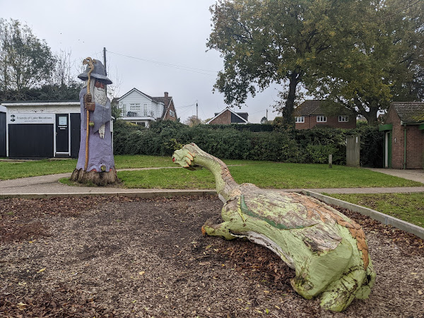 Wizard and dragon sculptures at Lake Meadows Park