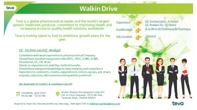 Teva Actavis Pharma | Walk-in interview for QC on 20-Apr-2024