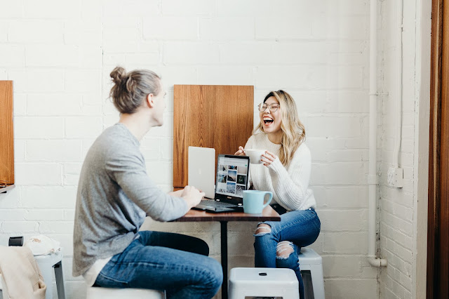 Woman and man talking