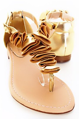 Gold Faux Leather Ruffled Strap Thong Flat Sandals