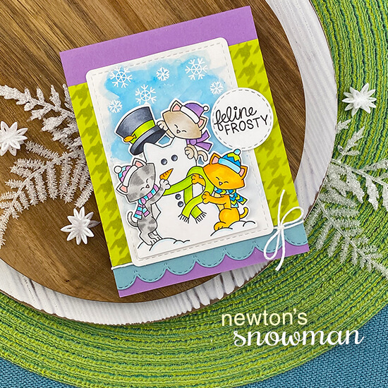 Cats building snowman card by Jennifer Jackson | Newton's Snowman Stamp Set, Houndstooth Stencil, Circle Frames Die Set, Framework Die Set and Sky Borders Die Set by Newton's Nook Designs #newtonsnook #handmade