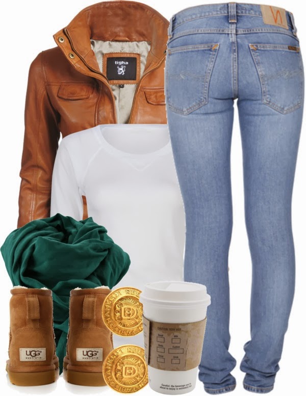 Blue Jeans ,Brown Leather Jacket ,White Shirt With Boots