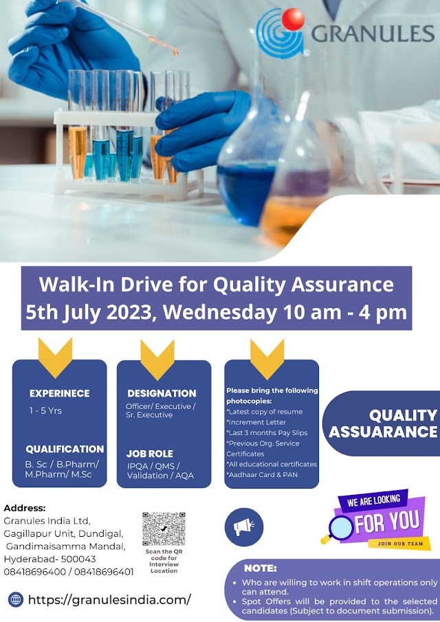 Granules India Limited | Walk-in interview for Quality Assurance on 5th July 2023