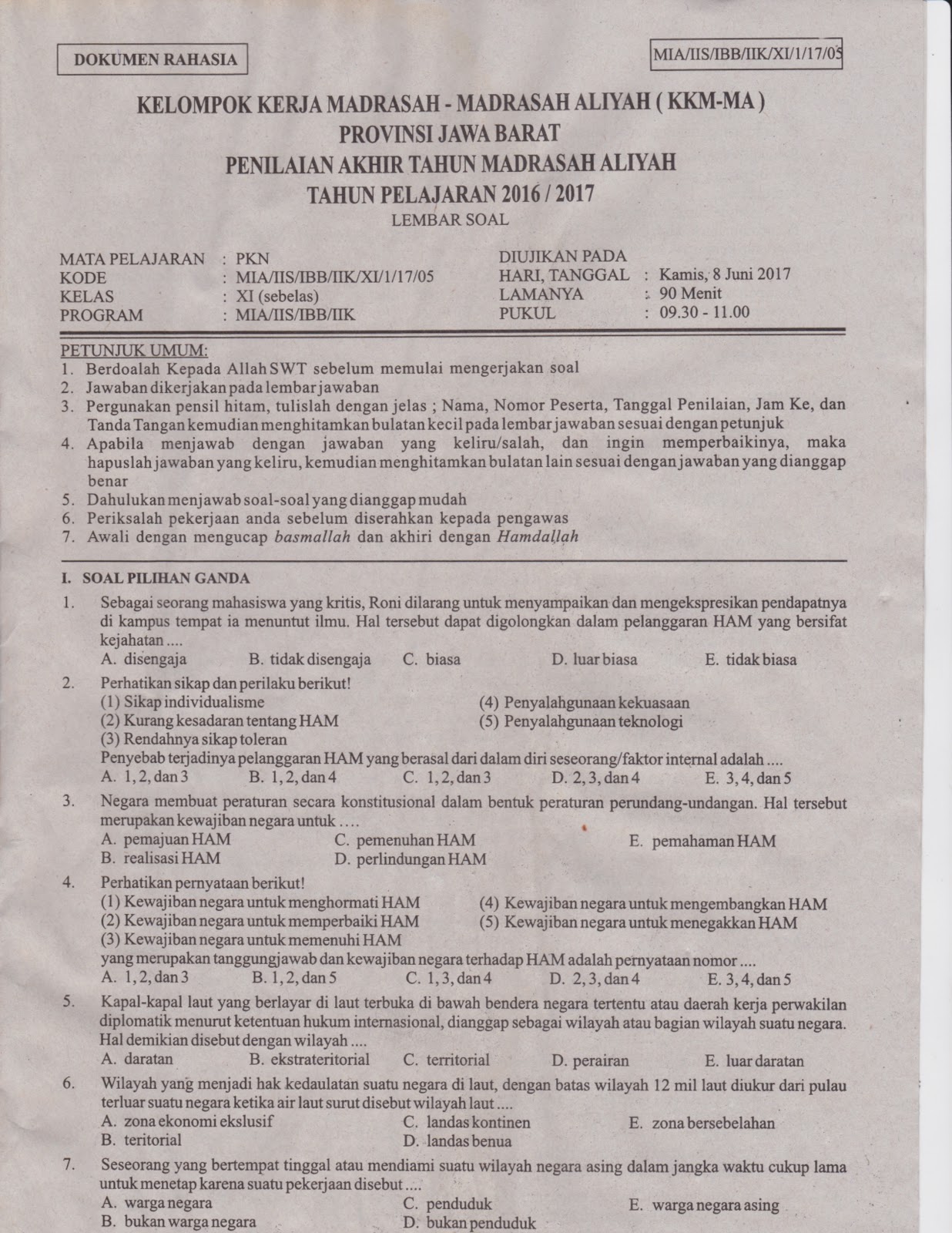 Kumpulan Soal Ujian Penilaian Akhir Tahun PAT Tingkat Madrasah Aliyah Untuk Mata Pelajaran Pendidikan Kewarganegaraan PKN Kelas Sebelas XI Dilengkapi