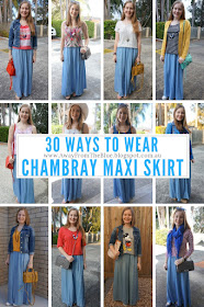 30 ways to wear a chambray maxi skirt AwayFromTheBlue blog pinable image