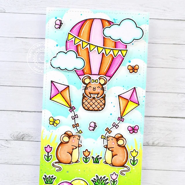 Sunny Studio Stamps: Birthday Mouse Card by Marine Simon (featuring Balloon Rides, Spring Showers, Harvest Mice)