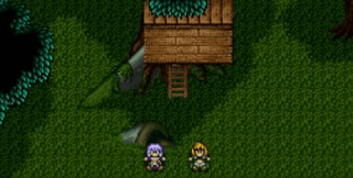 Shows tree house made from wood with lader showing up,shows blue haired charecter and blonde hair charecter in grass area with a small silve and green coloured tunnel and tree on the right of the screen and plants on the top left of the screen