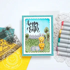 Sunny Studio Stamps: Spring Scenes Chickie Baby Fancy Frame Dies Happy Easter Card by Mindy Baxter