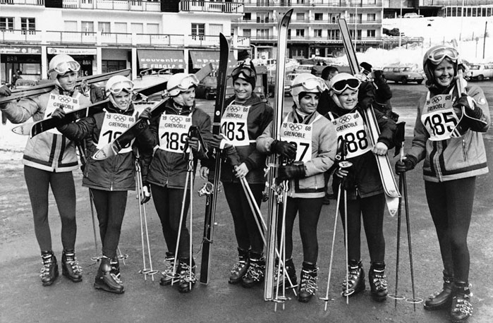 Suzy Chaffee with her teammates in Grenoble