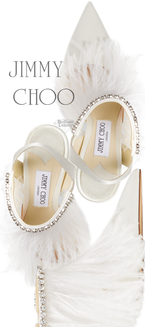 ♦Jimmy Choo Ambre white satin ostrich feather crystal trim slingback sandal #jimmychoo #shoes #white #brilliantluxury