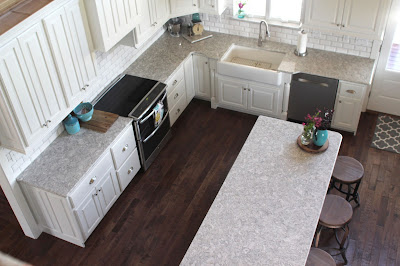 View of remodeled kitchen, with Cambria Berwyn quartz countertop