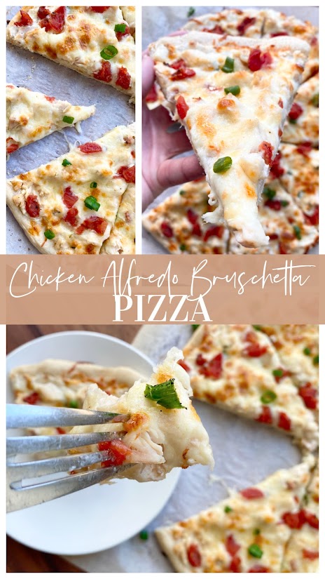 Collage of pizza photos on parchment paper, hand holding a piece and fork holding a bite.