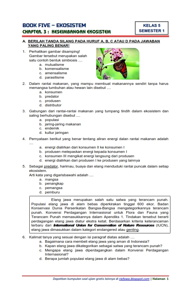 Download Soal Tematik Kelas  5 Semester 1  Tema 5 Subtema 3 