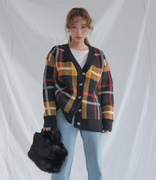 Check Pattern Oversized Cardigan