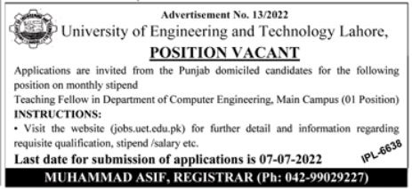 Latest University of Engineering and Technology UET Education Posts Lahore 2022