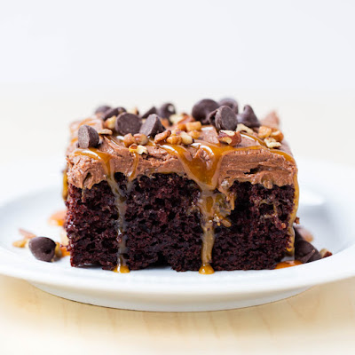 Chocolate Turtle Poke Cake