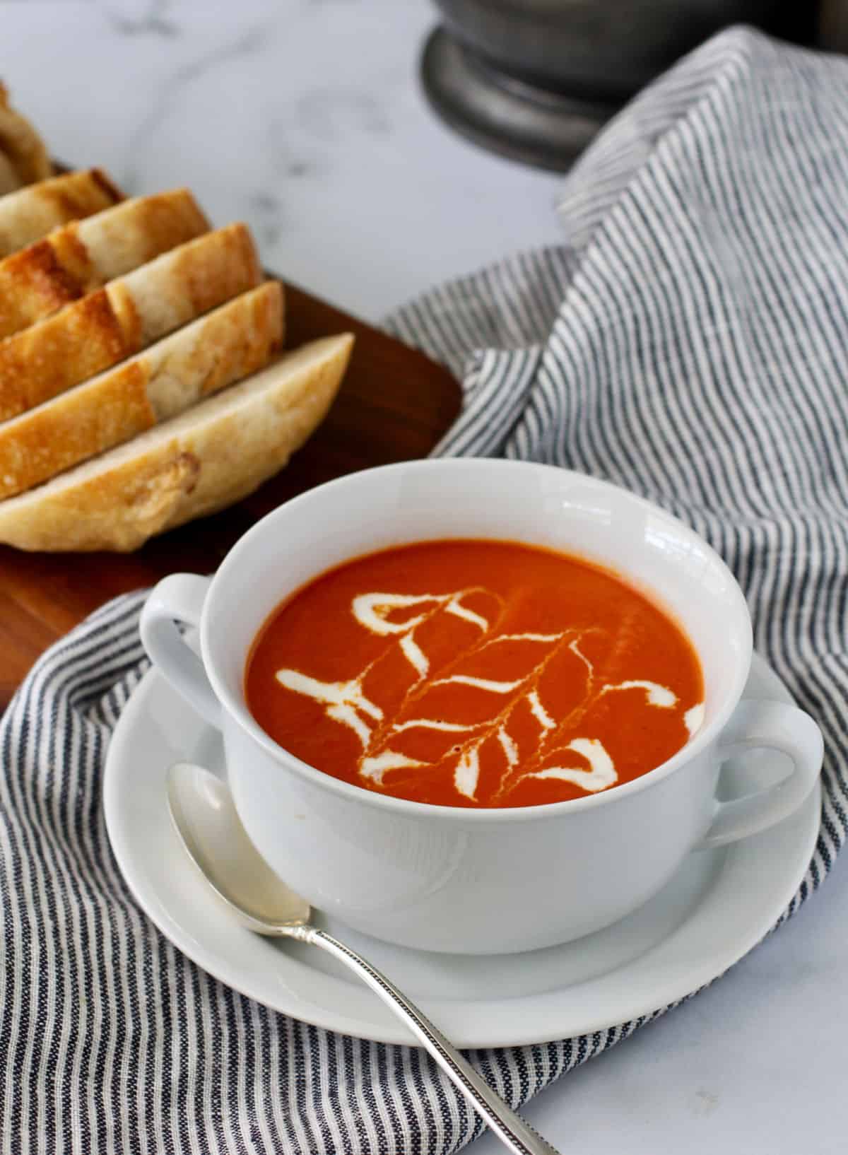 Cream of Tomato Soup in a white bowl.
