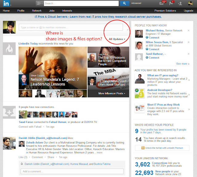 Linkedin share images & files option not appearing