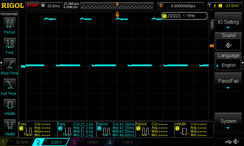 simple laboratory generator, oscilloscope view, lowest frequency