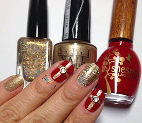 Christmas Present Mani: Fun Lacquer Million Dollar Dream, Sheswai Honeyfox, OPI Love Angel Music Baby